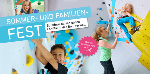 Ankündigung für unser Sommer- und Familienfest in der Boulderwelt München West für Neulinge und die ganze Familie