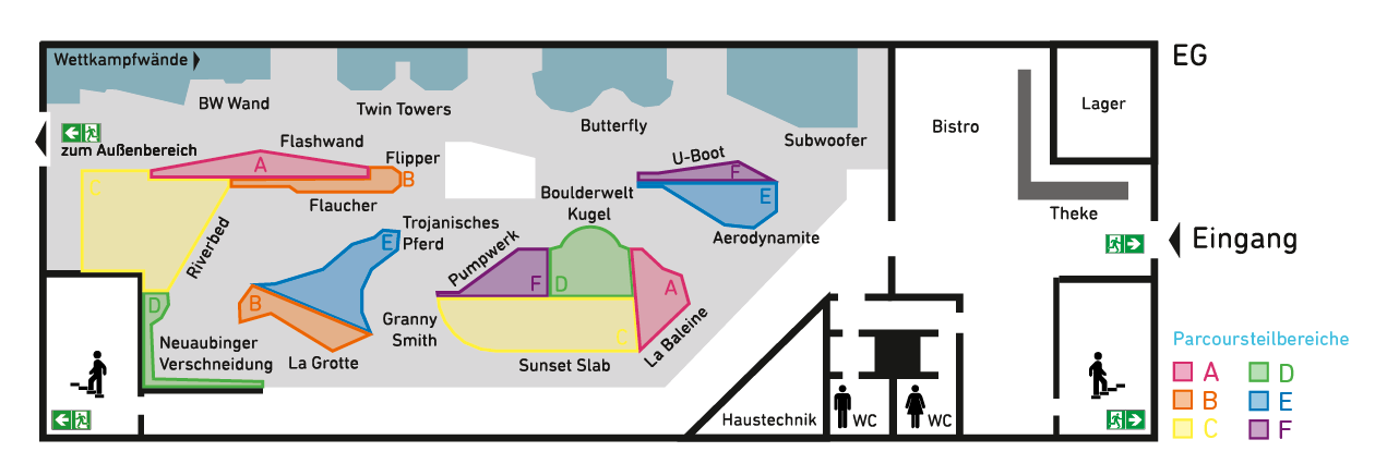 Hallenplan der Boulderwelt München West mit den Umschraubbereichen im Parcoursbereich