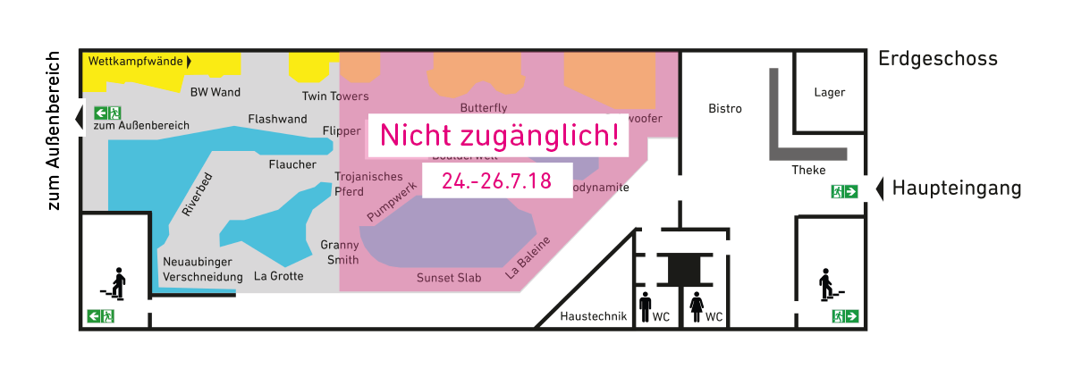 Betroffener Bereich Mattenreparatur in der Boulderwelt München West vom 23.-26.7.18