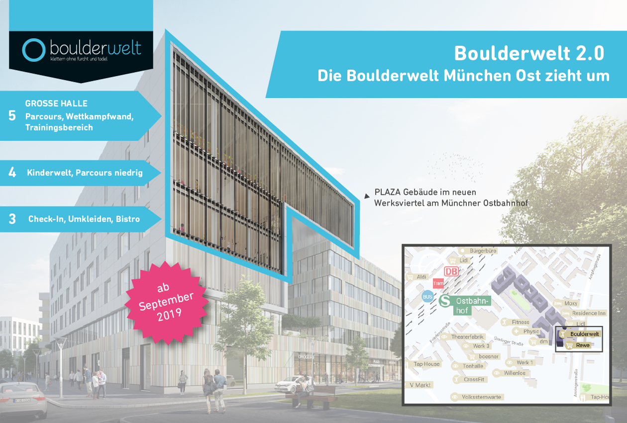 Boulderwelt 2.0 - Boulderwelt München Ost zieht 2019 um. Eine Infografik.
