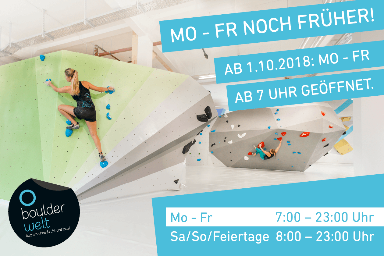 Ab Oktober 2018 öffnet die Boulderwelt München West von Montag bis Freitag bereits um 7 Uhr.