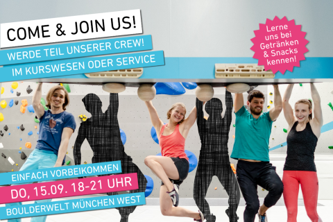 Lerne uns beim Come & Join us in der Boulderwelt München West kennen