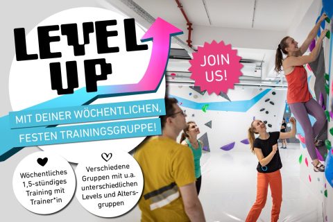 Level up mit deinen festen, wöchentlichen Trainingsgruppen für Erwachsene in der Boulderwelt München West!