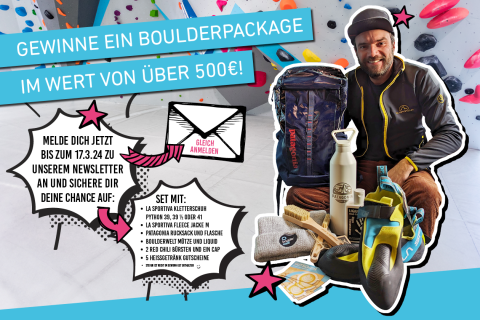 Melde Dich bis zum 17.3.24 für unseren Newsletter an und sichere Dir Deine Chance auf ein Boulderpackage im Wert von über 500€!