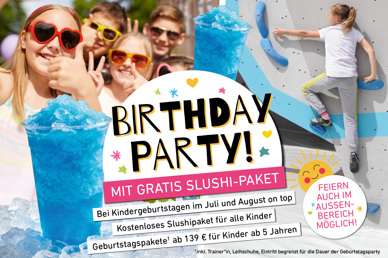 Kindergeburtstag in München: Gratis Slushi Paket im Juli & August in der Boulderwelt München West in Freiham