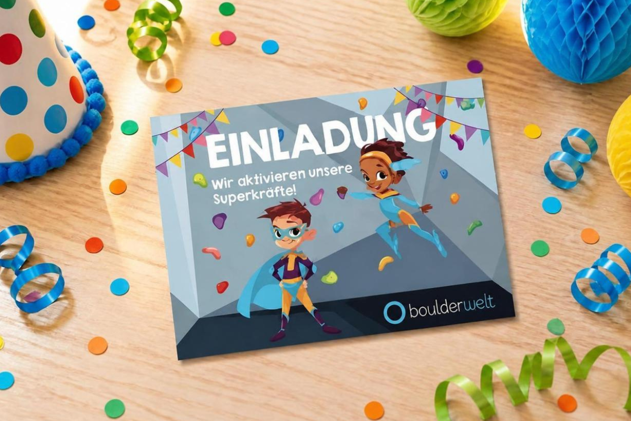 KIndergeburtstag in der Boulderwelt München West in Freiham feiern: Zusatzangebot Einladungskarte